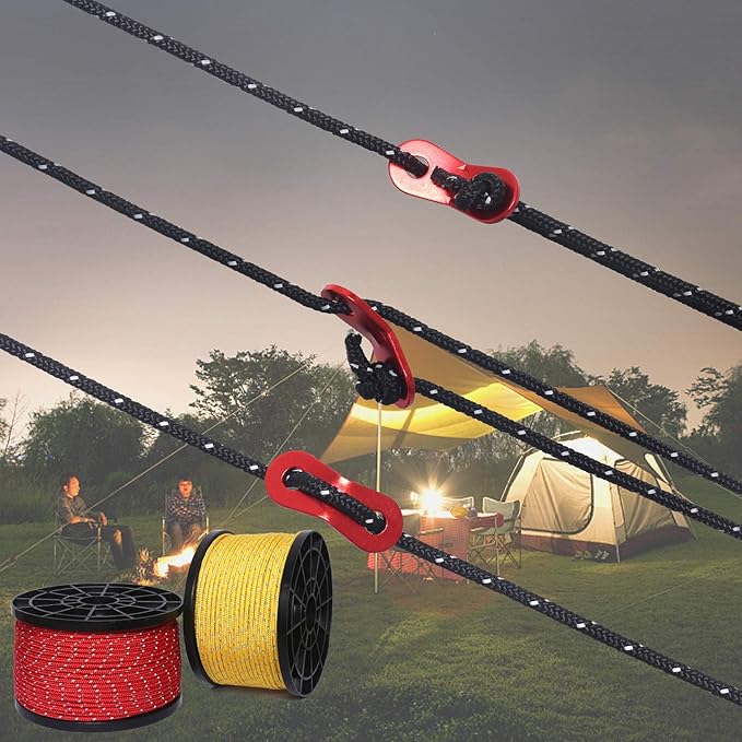 HIKEMAN 50m Reflective Guyline Solid Braid Nylon Camping Rope with Aluminum Adjuster Cord Tensioner Tent Accessory for Outdoor Travel,Hiking,Backpacking and Water Activities (Red, 5mm)