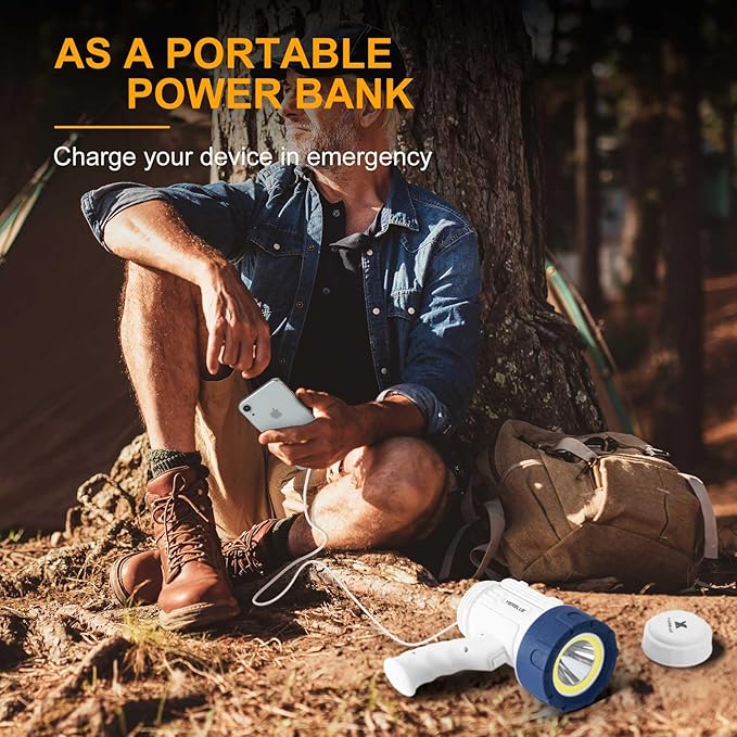 YIERBLUE Rechargeable Spotlight Floodlight Combo High High Lumen LED, IP67 Waterproof Spot Light COB Flood Light, Impact Resistant Handheld Spotlight with Foldable Stand and Red Len