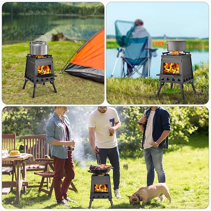 Wood Burning Stove, Camping Wood Stove, Small Portable Cast Iron Wood Stove: Compact Outdoor Cooking Solution with Carrying Bag (Small)
