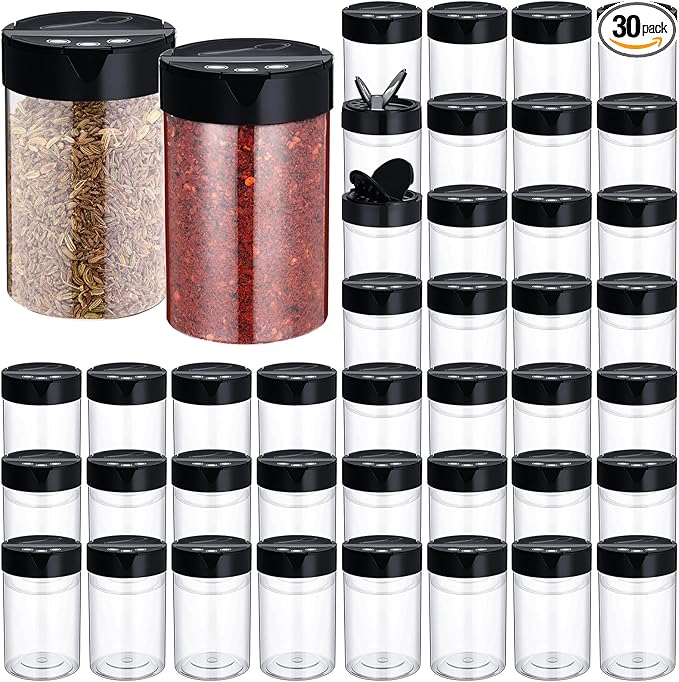 30 Pack 8.4 oz Plastic Spice Jars with Black Cap Empty Clear Plastic Spice Bottle Containers Reusable Seasoning Jars with Shaker Lids for Kitchen Storing and Dispensing Salt Powders