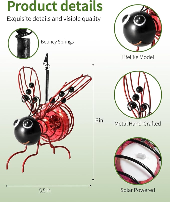 iStatue Solar-Powered Hanging Metal Ladybug Light Garden Decor | Lady Bug Sculpture with Bouncy Springs | Summer Outdoor Art Decorations (Red)