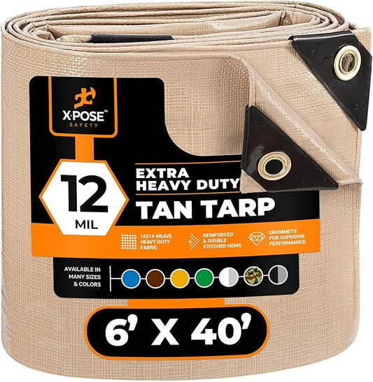 Heavy Duty Tan Poly Tarp 6' X 40' - Multipurpose Protective Cover - Durable, Waterproof, Weather Proof, Rip and Tear Resistant - Extra Thick 12 Mil Polyethylene - by Xpose Safety