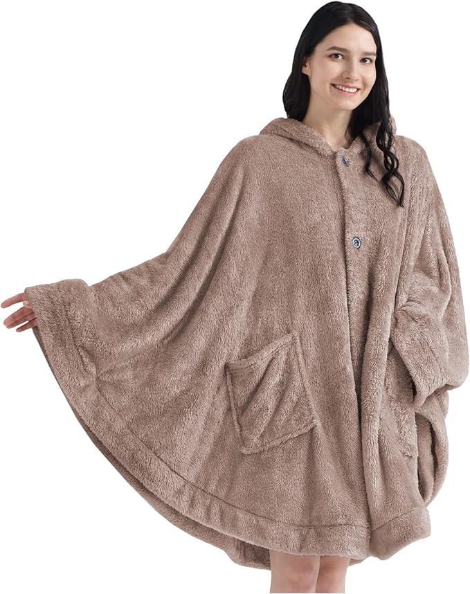 PAVILIA Angel Wrap Hooded Blanket Poncho, Wearable Blanket Throw Wrap Poncho for Women Adult, Cozy Fluffy Sherpa Fleece Shawl Cape with Hood pockets, Warm Gift for Mom Wife, Beige Taupe