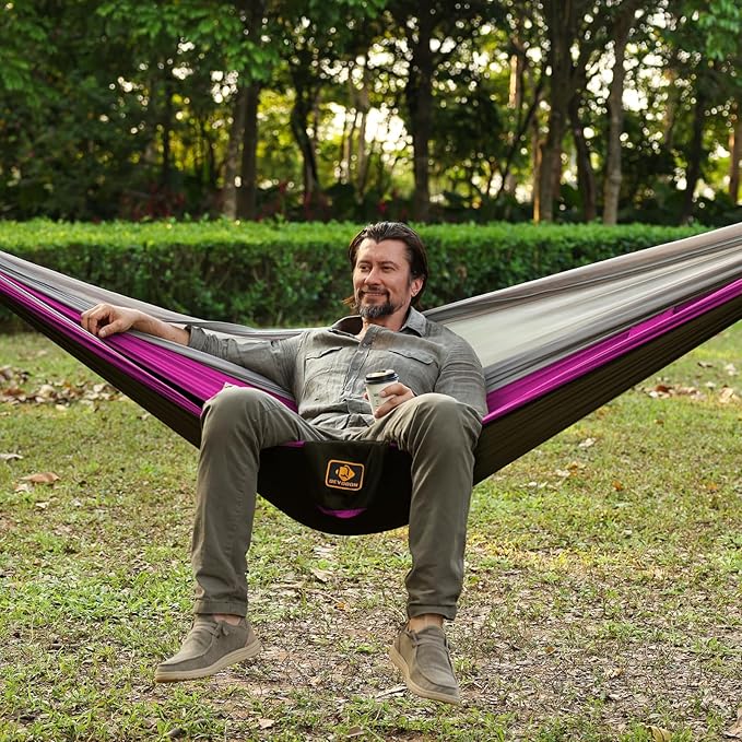 Camping Hammock, Portable Hammocks with Mosquito Net,Lightweight Nylon Parachute Hammock with 10ft Tree Straps,Camping Gear Must Haves for Travel Hiking Backpacking Beach Patio-Black&Pink