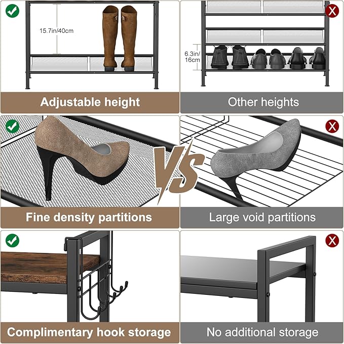 Refrze Shoe Rack for Front Door Entrance, 4 Tier Height-Adjustable Metal Shoe Rack, Sturdy Wooden Top and Tiltable Steel Frame Heavy Duty Shoe Organizer for Bathroom,Bedroom,Kitchen，Include Hook