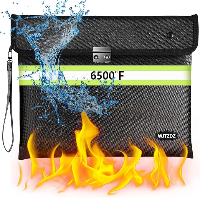 6500°F Fireproof Document Bag with Lock, Upgraded Fireproof/Waterproof Money Bag with Zipper/Reflective Strip,Storage Pouch for Cash,Cell Phone,Passport（Not Suitable for A4 Files）