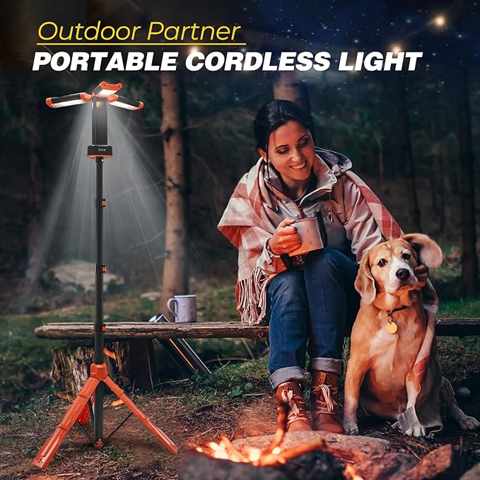 MENDED Portable Camping Light with Tripod Stand 73.2inch Rechargeable Cordless Work Light with 3 LED Lamp Heads for Outdoor Work, Power Outages, Fishing (Orange)