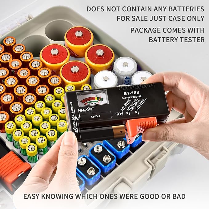 Battery Organizer Storage Holder Box Case with Tester- 269 Batteries Double-Sided Variety Pack, Holds AA AAA 4A C D Cell 9V 3V Lithium LR44 CR2 CR123 CR1632 18650 Button- White(Box Only)
