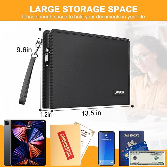 JUNDUN 5200℉ Fireproof Document Bag,13.5”x 9.6” Water Resistant and Fireproof Money Bag with Zipper,Home Fire Safe Storage Bag Pouch for Letter Size Documents,Cash,Passport and Cards