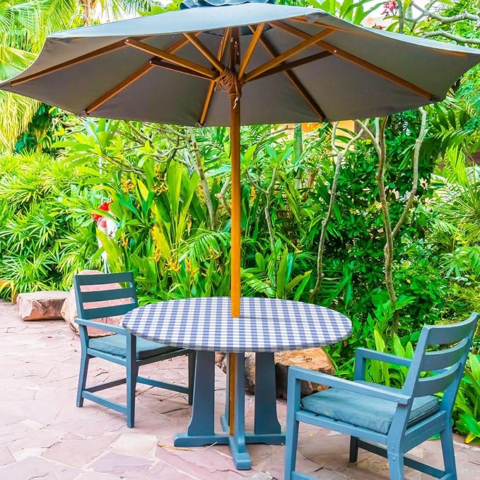 2 Pcs Round Outdoor Tablecloth with Umbrella Hole - Anti-Wrinkle Polyester Tablecloth with Elastic Zipper Table Cover for Summer Patio Camping Party(45''-53'',Plaid)