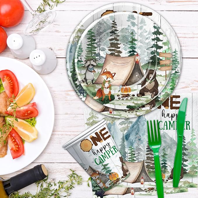 Camping Party Decorations Supplies For 1st Birthday, Adventure Camping Theme One Happy Camper Birthday Decorations Tableware, Paper Plate, Cup, Napkin, Tablecloth, Cutlery | Serves 24