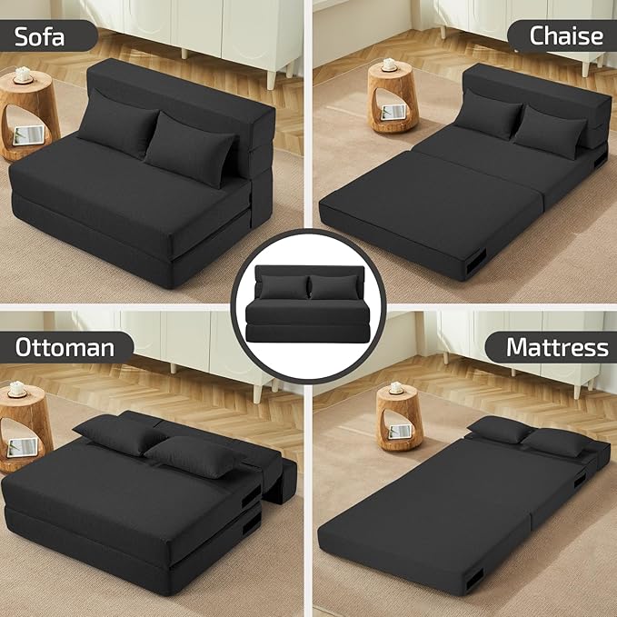 Folding Sofa Bed with Pillows- Convertible Chair Floor Couch & Sleeping Mattress, Foldable Memory Foam Sleeper for Living Room/Dorm/Guest Room/Home Office/Apartment/Loft, Twin, Dark Gray