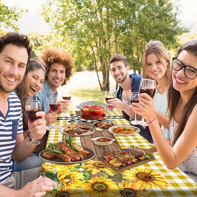 Picnic Table Cover with Bench Covers, Sunflower Buffalo Plaid Farmhouse Wood Waterproof Elastic Fitted Tablecloths Outdoor Camping Essentials, with Drawstring Bag, 96in, Yellow
