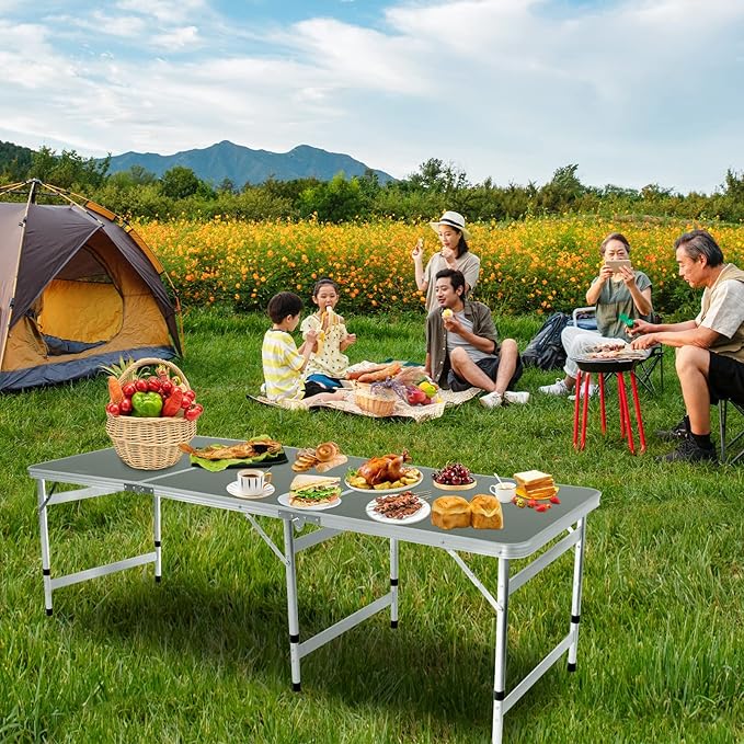 Camping Table 6FT Folding Table Large 3 Adjustable Height Portable Picnic Camp Aluminum Outdoor Table Picnic BBQ Black