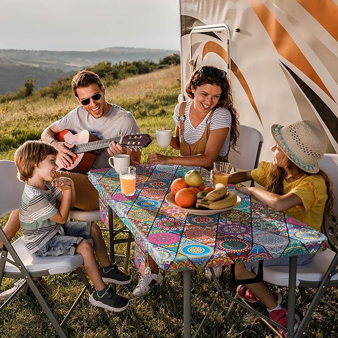 Fitted 8Foot Boho Picnic Table Cover with Chair Covers Camping Table Cloths Hiking Glamping Supplies Travel Trailers Cooking Essential Party Festival Decor Gifts for Teens Who Want Nothing