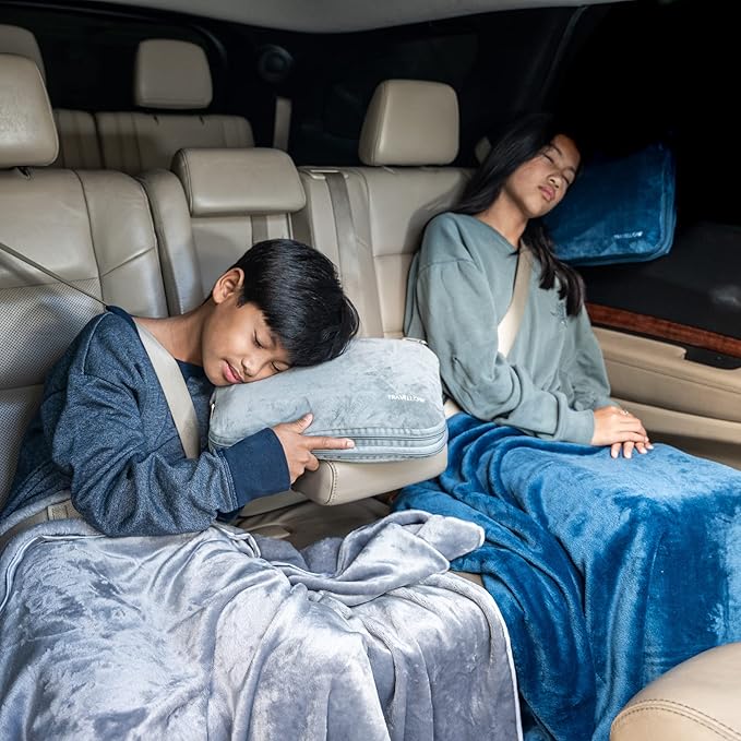 Travel Pillow and Blanket Set - 4-in-1 Ultimate Travel Kit with Memory Foam Pillow, Travel Blanket, Sleep Mask, and Earplugs-Ultimate Comfort and Coziness for Your Journeys - Pink