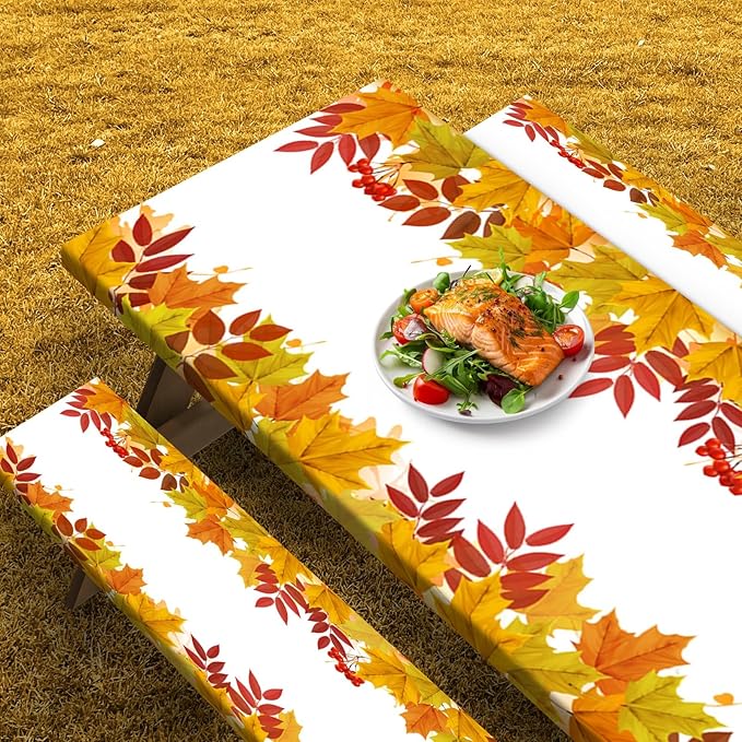 Picnic Table Cover with Bench Covers Elastic Edges, Leaves Fall Fitted Table Cover, Outdoor Patio Camping Essentials 72 Inch 3PCS, Waterproof Camping Fitted Tablecloth with Drawstring Bag