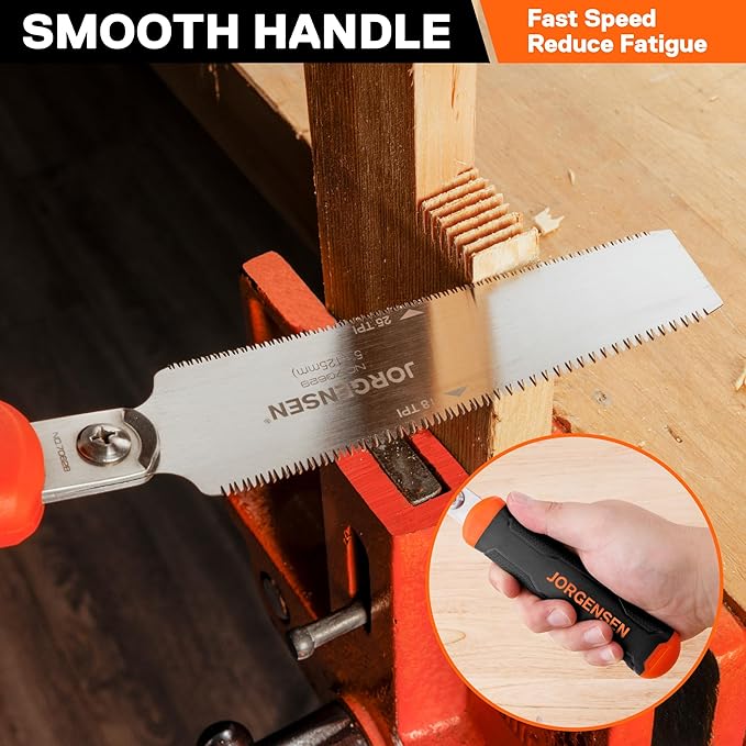 JORGENSEN Japanese Flush Cut Saw, 5 Inch Pro Double Edge Pull Saw, SK5 Flexible Blade Wood Handsaw, 18/25 TPI Blade with Soft Grip Handle for Hardwood & Softwood Woodworking, Wood Trim