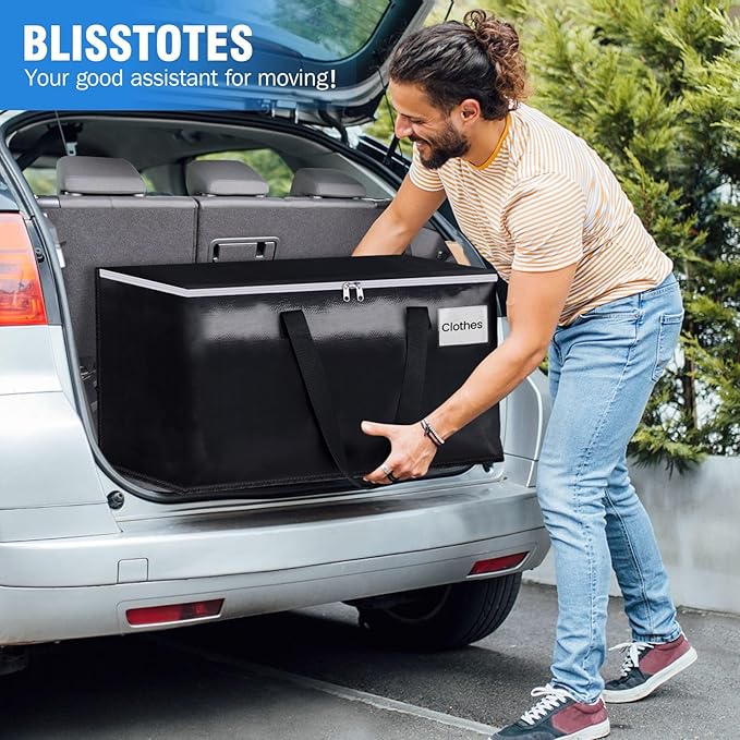 BlissTotes Moving Bags, Heavy Duty Moving Boxes with Zippers Top and Sturdy Handles, Storage Bags for Space Saving and Packing, Collapsible Moving Supplies, Storage Totes (125L, 4-Pack, Black)