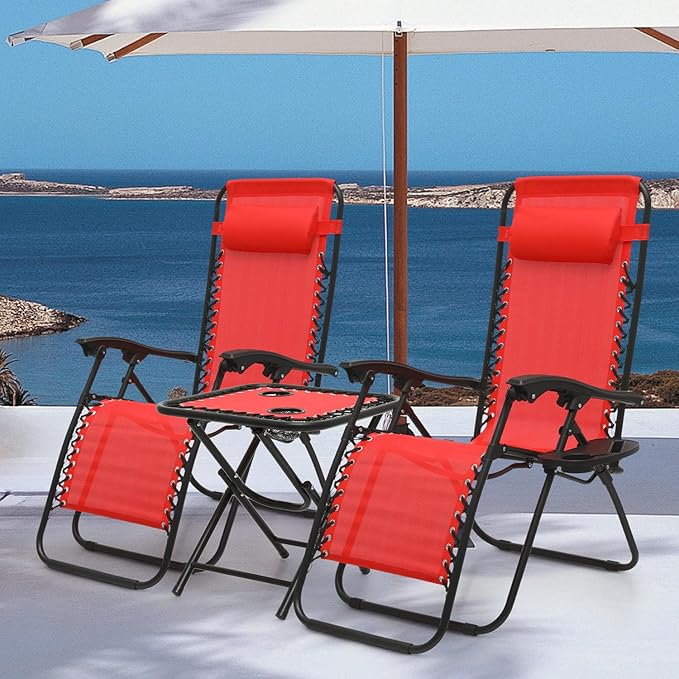 MoNiBloom Recliner Patio Lounge Chairs Set of 3, Adjustable Outdoor Beach Chairs w/Folding Table, Pillow and Cup Holder Tray, 330lbs Capacity, Red