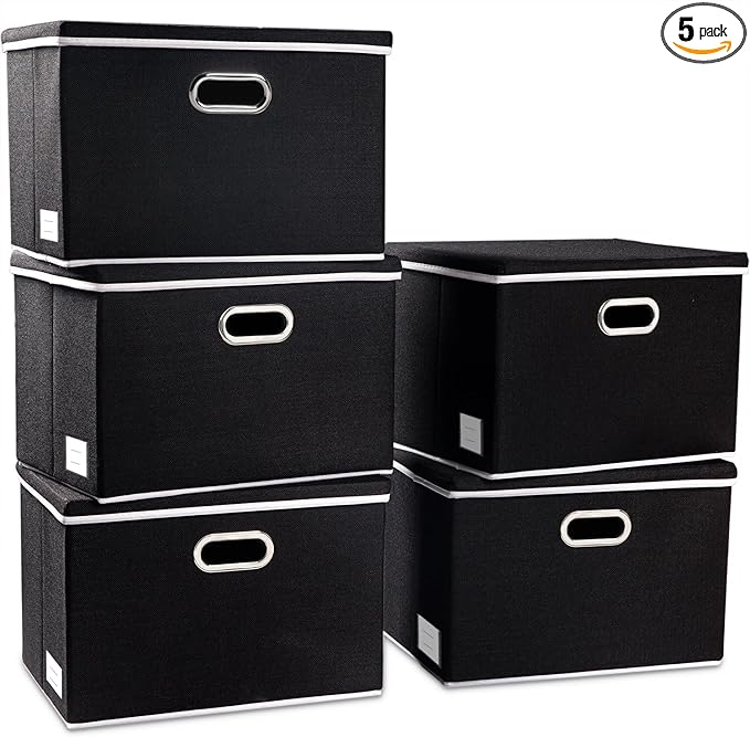 PRANDOM Large Foldable Storage Boxes with Lids [5-Pack] Organizer Containers Baskets Cube with Cover for Home Bedroom Closet Office Black17.7x11.8x11.8 For 6+ Year Old Boys and Girls