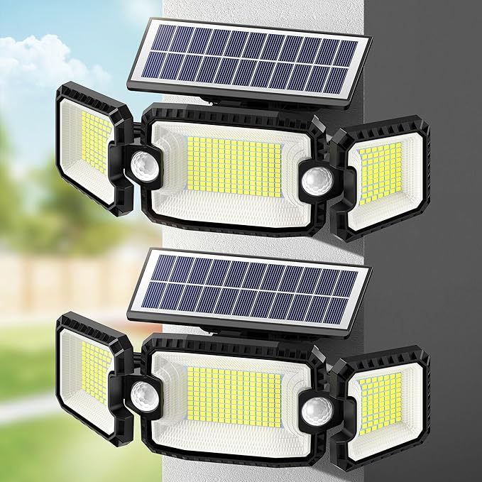 Solar Power Outdoor Light Lamp,[2 PCS] Day to Dusk Modes, 305 LED 3000LM 270° Wide Angle Motion Sensor Flood Light, 2200mAH High Capacity, Motion Lights for Outside, Yard, Patio, Pathway