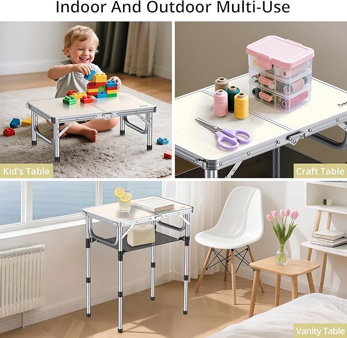 Folding Camping Table, Aluminum 24" x 16" Adjustable Height Small Folding Table with Carrying Handle, Lightweight, Portable Camping Table Waterproof for Outdoor Indoor Picnic Beach BBQ, Silver