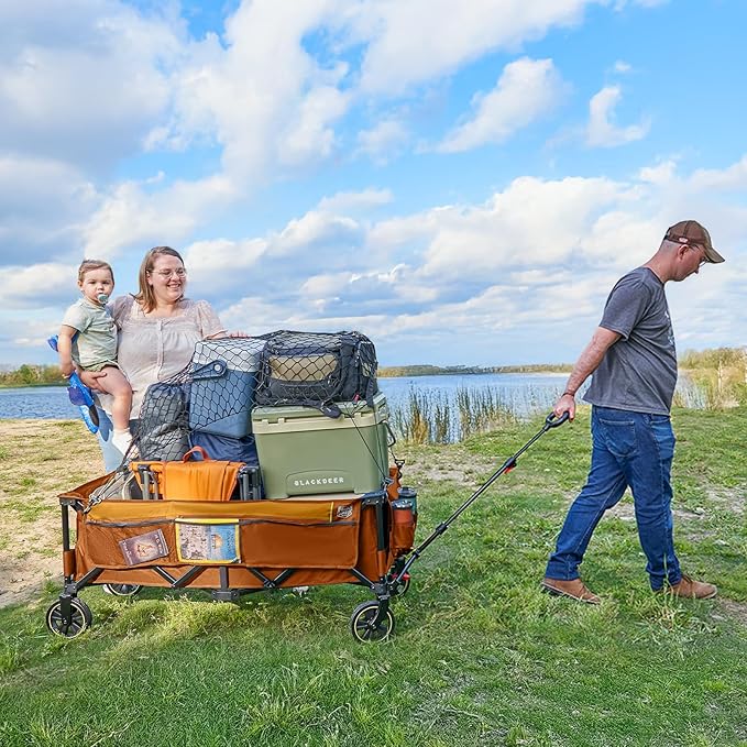 TIMBER RIDGE 51.2'' Extended Collapsible Wagon Cart with Brakes and Cargo Net, 350LBS Heavy Duty Foldable Utility Wagon with Adjustable Handle, 400L Capacity Portable Cart for Camping Sports Shopping