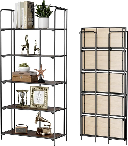 Crofy No Assembly Folding Bookshelf for Living Room, 5 Tier Black Collapsible Book Shelf for Home Office, Portable Bookcase Storage Organizer