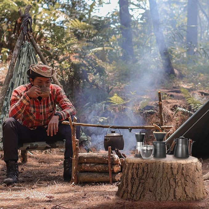 SOTECH Pour Over Coffee Maker Set All in 1 Coffee Kits- 304 Stainless Steel Kettle with Thermometer Coffee Grinder Coffee Dripper & Server of Portable Travel Bag For Outdoor Camping