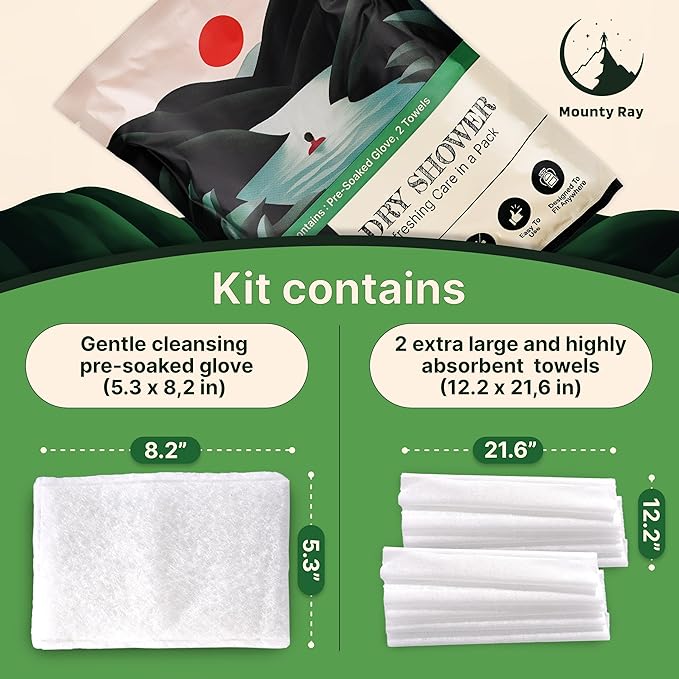 Personal Rinse Free Bath Sponge Kits (Pre-Soaked Shower Glove & 2 XL Towels) -3-Pack - Body Wash for Camping - Rinse-Free Bath Sponges - Water is Not Included