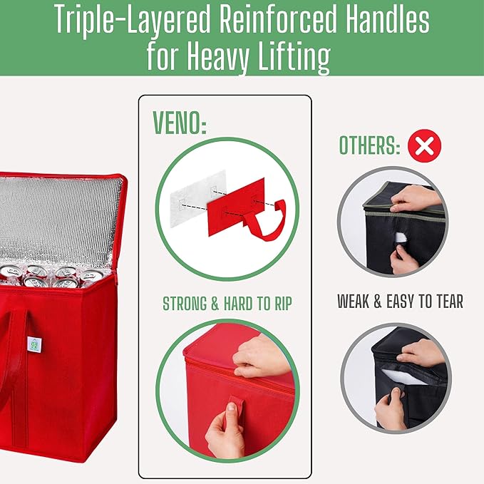 VENO 3 Pack Cooler Bag and Insulated Grocery Bags for Food Delivery, Collapsible Cooler, Reusable Shopping Bags for Groceries with zipper, Foldable, Heavy-Duty, Stands Upright (Red, 3 Pack)