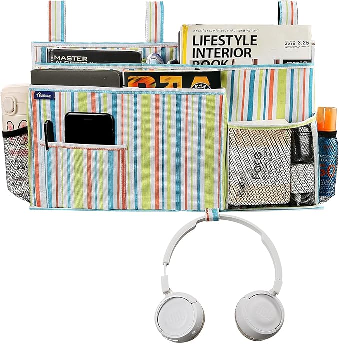 Surblue Bedside Caddy Hanging Bed Organizer Storage Bag Pocket for Bunk and Hospital Beds, College Dorm Rooms Baby Bed Rails, Camp 8 Pockets, (Large, Green Stripe)