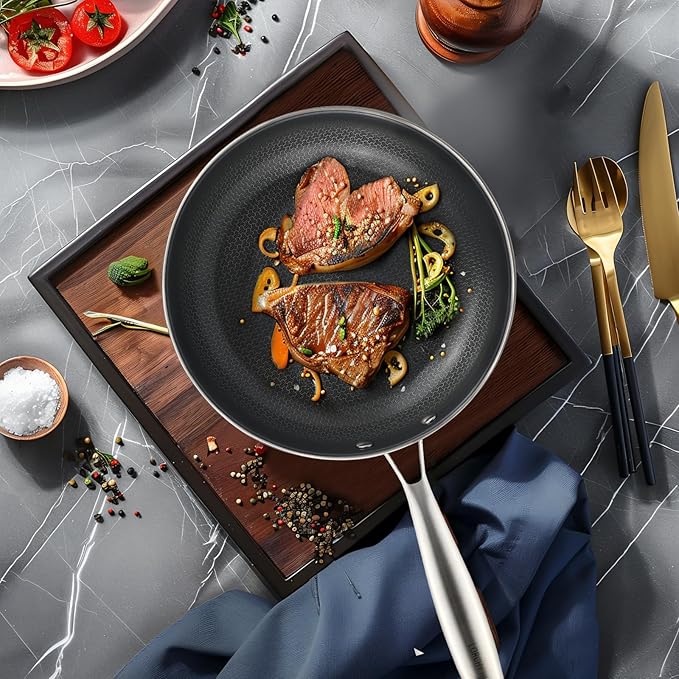 Stainless Steel Nonstick Frying Pan, Hybrid Ceramic 10-Inch Frying Pan, Stay-Cool Handle, PFAS & PFOA PTFE Free, Dishwasher & Oven Safe, Scratch-Resistant, Compatible with Induction & All Cooktops