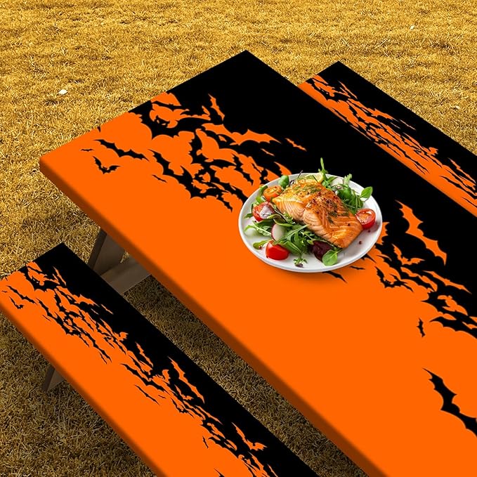 Picnic Table Cover with Bench Covers Elastic Edges, Horror Halloween Fitted Table Cover, Outdoor Camping Essentials 72 Inch 3PCS, Waterproof Camping Fitted Tablecloth with Drawstring Bag