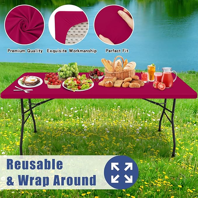 Spandex Picnic Table Cloth 2 Pack, Elastic Fitted Tablecloths for 5 Foot Rectangle Tables, Stretch Washable Patio Table Cover for Outdoor, Camping, Banquet and Parties (Fuchsia, 30"x60")