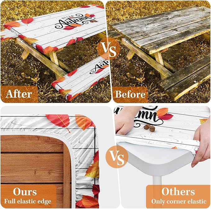 Picnic Table Cover with Bench Covers Elastic Edges, Wooden Fall Fitted Table Cover, Outdoor Patio Camping Essentials 72 Inch 3PCS, Waterproof Camping Fitted Tablecloth with Drawstring Bag