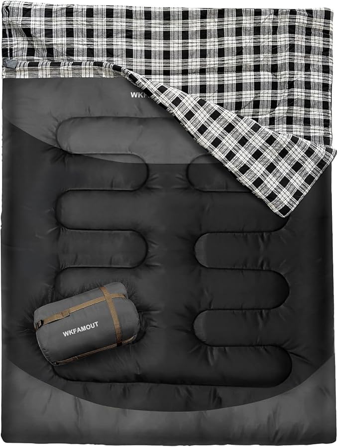 Double Sleeping Bag for Adults Machine Washable 2 Person Camping Sleeping Bag Queen Size Waterproof with Compression Sack for Cold Weather 3-4 Seasons