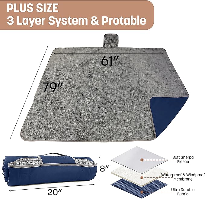 Tirrinia Waterproof Outdoor Blanket with Sherpa Lining, Windproof Triple Layers Warm Comfy Foldable for Camping Stadium, Beach, Picnic, Grass, Concerts, Car, Dog, 51''X 59'' & 59''X 80''