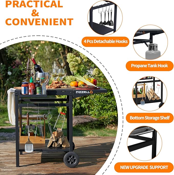 Outdoor Grill Table Cart 35" x 22" Movable Pizza Oven Stand Foldable Double-Shelf Grill Cart Food Prep Trolley Dining Cart Fit for Ooni Ninja Woodfire Blackstone Pizza Oven