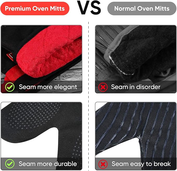 Silicone Oven Mitts, Magnetic Oven Mitt Set, Cotton Oven Mits Heat Resistant, Anti-Slip Hot Mitts for Kitchen, Cooking, Baking, Grilling, Black