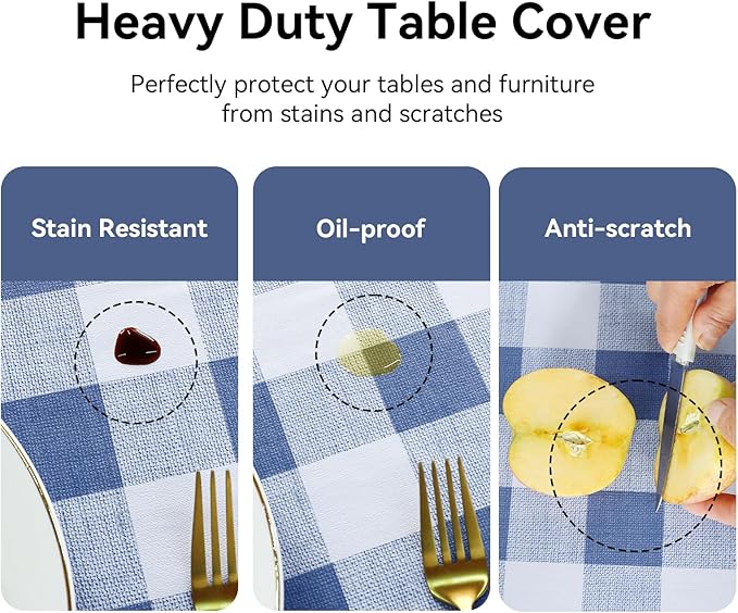 Romanstile Rectangle Plastic Tablecloth, 100% Waterproof Oil-Proof Checkered PVC Table Cloth, Heavy Duty Vinyl Table Cover for Dining, Camping, Picnic, Outdoor - 52 x 70 Inch, Light Blue and White