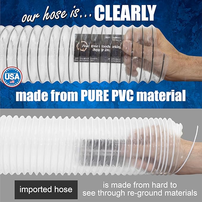 2-1/2" x 20' PVC Dust Collection Hose, Puncture Resistant, Carbon Steel Wire, Clear Flexible PVC Dust Collector Hose, Proudly Made in USA