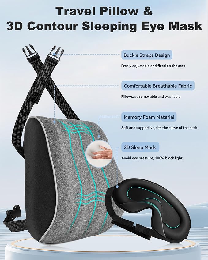 JefDiee Travel Pillows for Airplanes,Travel Pillow with Eye Mask,Prevents Head Forward,Neck Pillow Airplane for Sleeping,Used for Long Flight,Road Trip,Car Headrest
