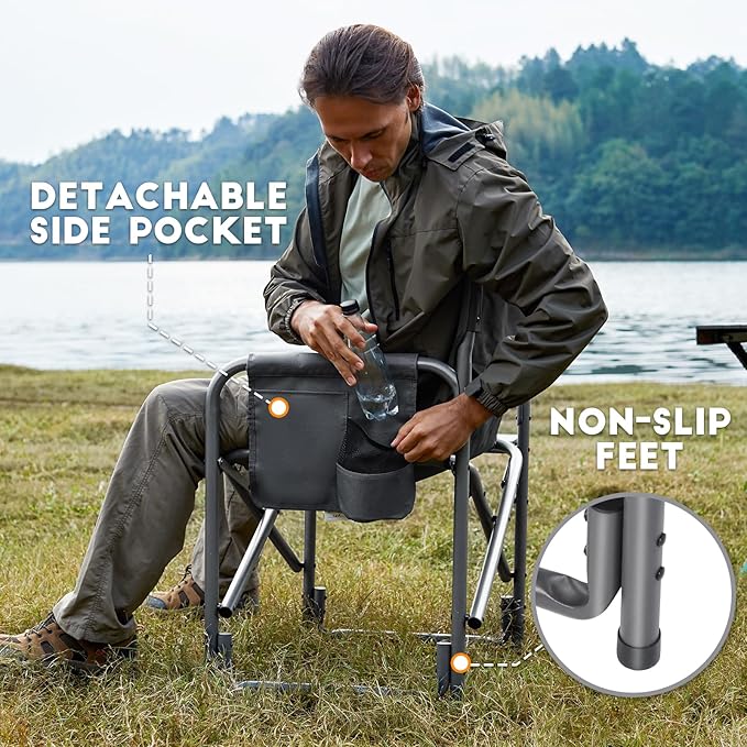 TIMBER RIDGE Aluminum Oversized Camping Chair, Lightweight Portable Directors Chair with Side Table Detachable Side Pocket for Outdoor Camping, Lawn, Picnic, Support 400lbs Grey 2 Pack