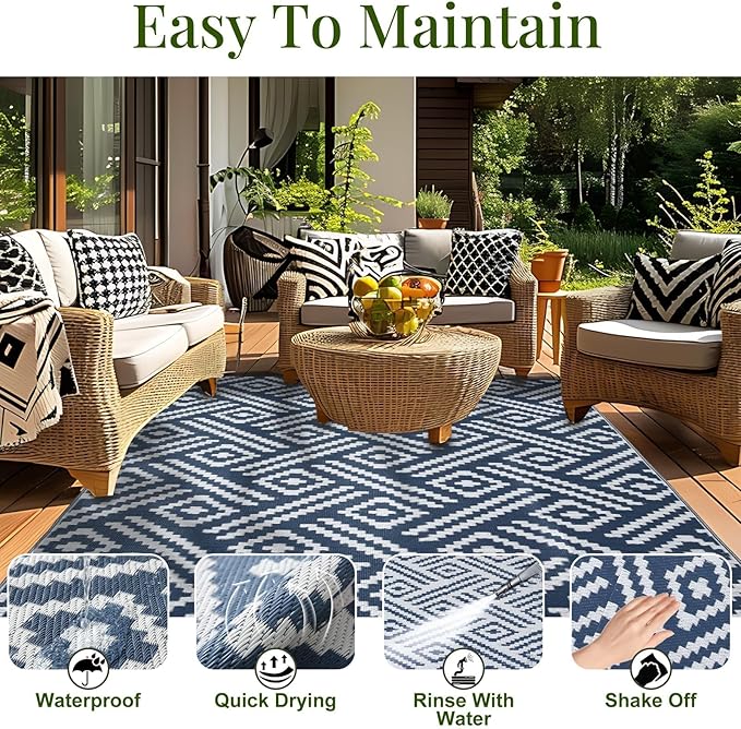 OPPODREAM Outdoor Rug 8x10 Patio Waterproof, Large Outdoor Plastic Straw Rug, Reversible Out Door Carpet for Camping, Deck, Rv, 8 x 10 Area Carpet for Balcony, Porch, Backyard, White and Navy Blue