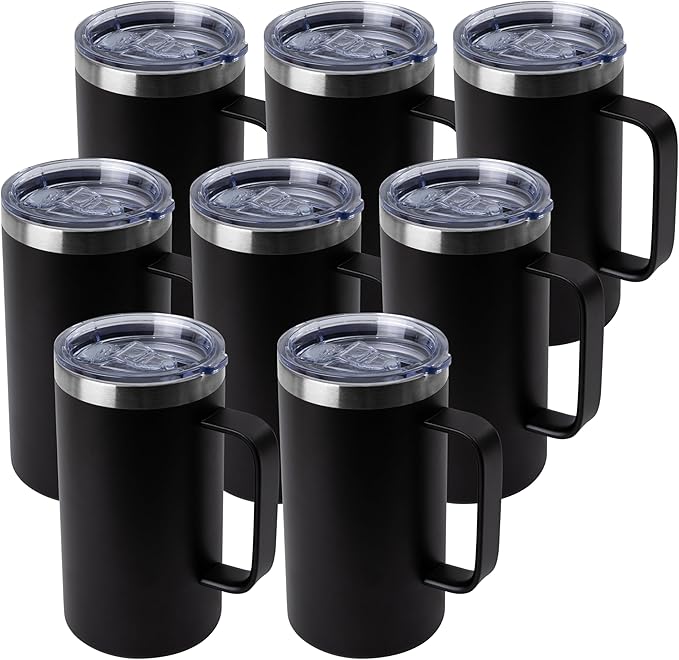 DOMICARE 24oz Mug with Handle and Lid, Stainless Steel Coffee Mug, Travel Mug with Handle, Double Wall Vacuum Coffee Tumbler, Reusable Insulated Cup, Black, Pack 8