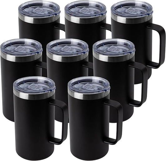 DOMICARE 24oz Mug with Handle and Lid, Stainless Steel Coffee Mug, Travel Mug with Handle, Double Wall Vacuum Coffee Tumbler, Reusable Insulated Cup, Black, Pack 8