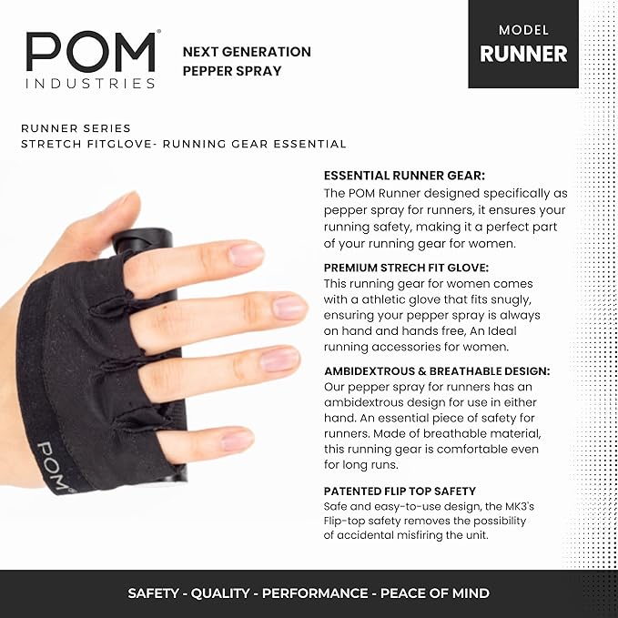 POM Pepper Spray Runner Model - Max Strength OC Spray - Athletic Stretch-Fit Glove, Breathable & Ambidextrous Design, Essential Runners Safety Gear, Flip Top, 35+ Bursts, 10-12 ft Range