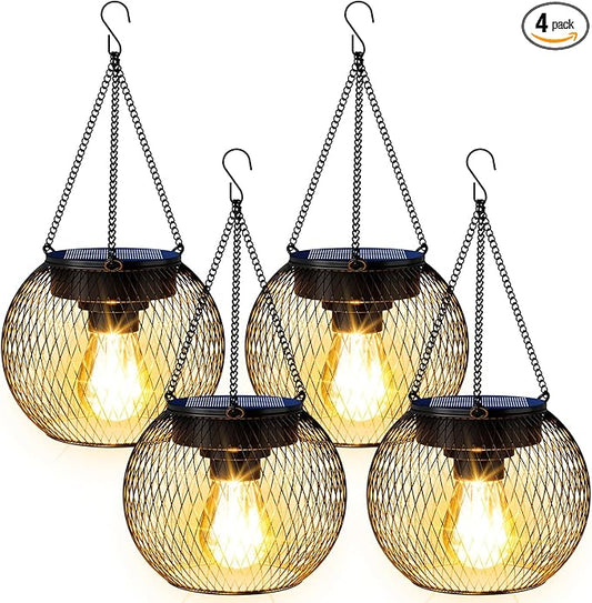 Solar Lanterns Outdoor Waterproof 4 Pack, Upgraded Metal Solar Hanging Lights with Hooks & Auto On/Off, Brighter Warm Outdoor Hanging Lantern Lighting for Porch Garden Yard Pathway Decor